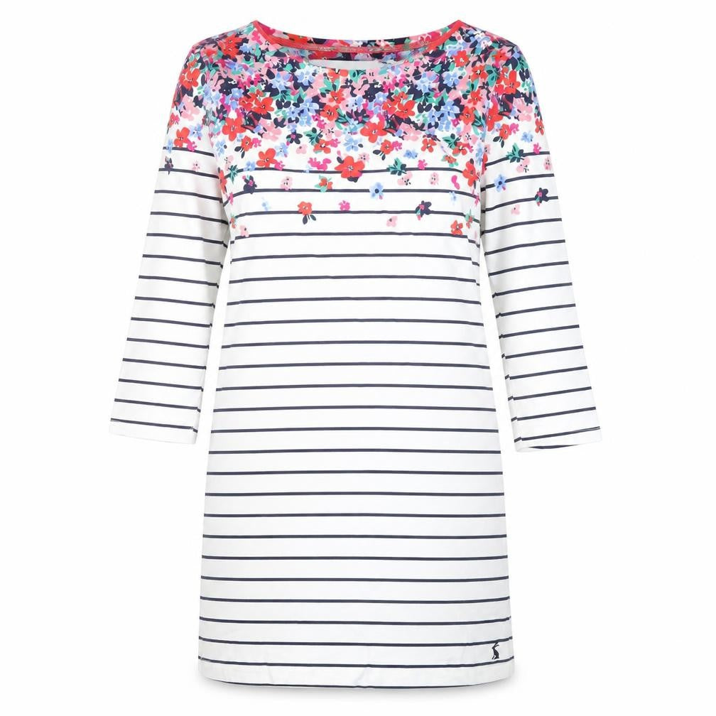 Front view of Joules Women's Multicoloured Floral Stripe Dress, size 10