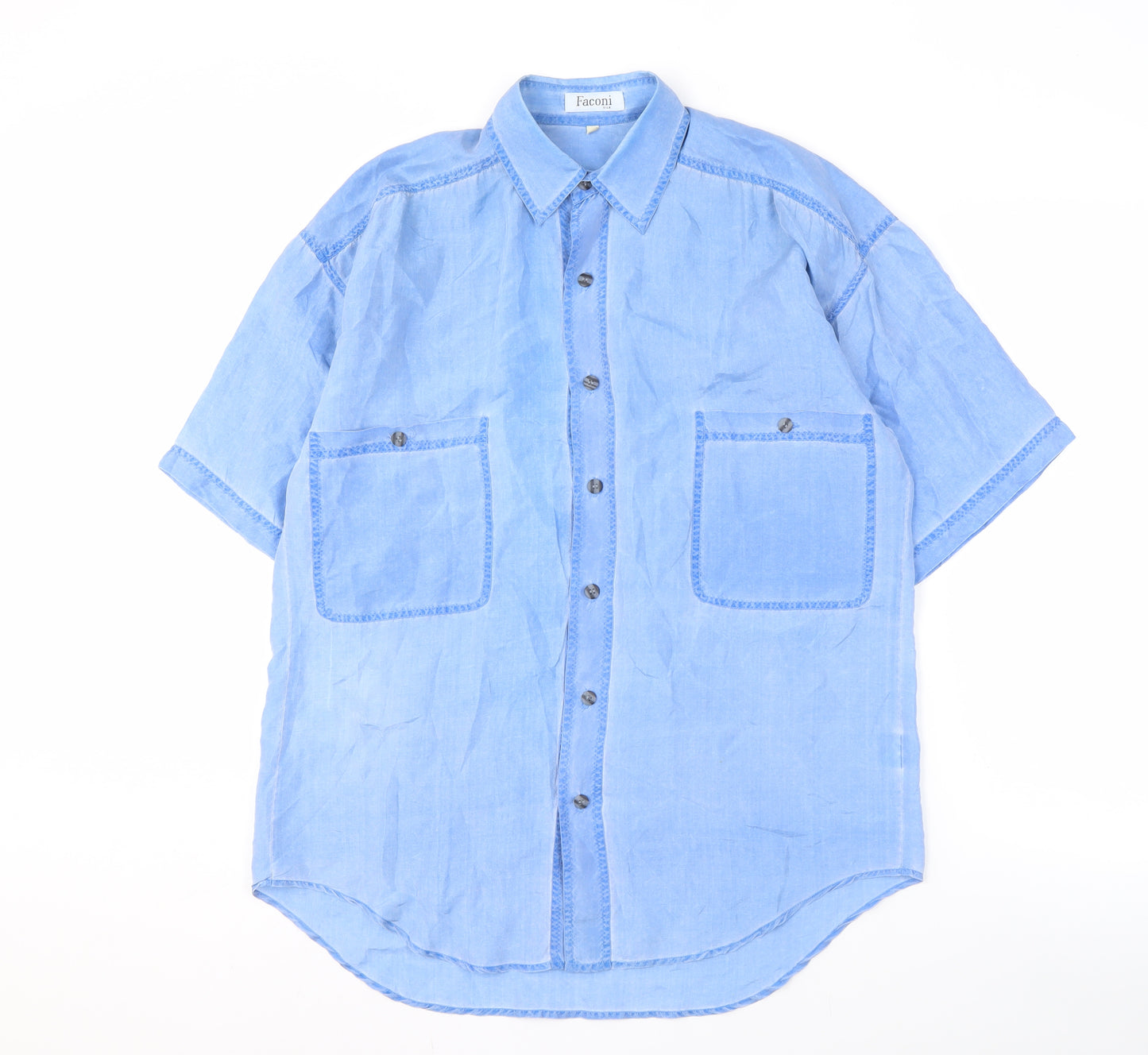 Faconi Men's Blue Silk Short Sleeve Shirt - Size S