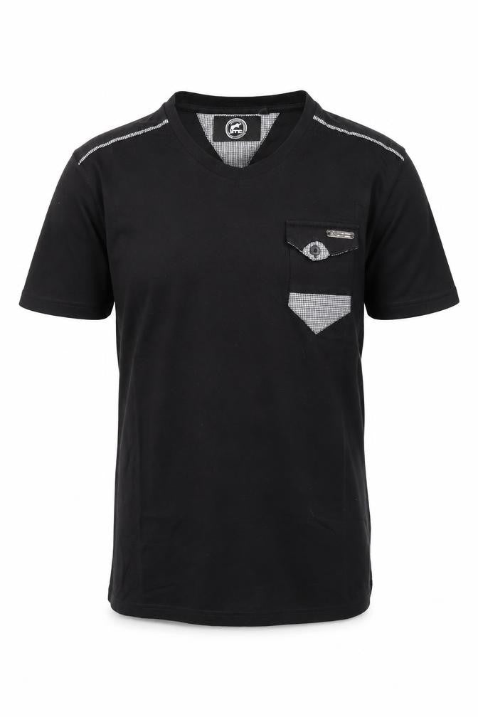 Front view of ETO Men's Black V-Neck M T-Shirt with Pocket