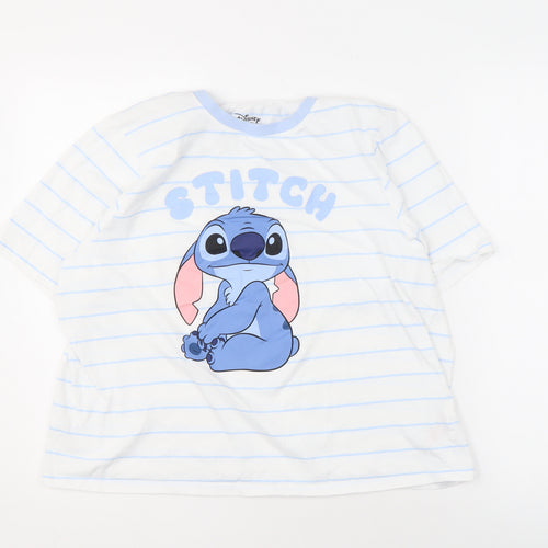 Disney Stitch Unisex T-Shirt L White Striped Cartoon Crew