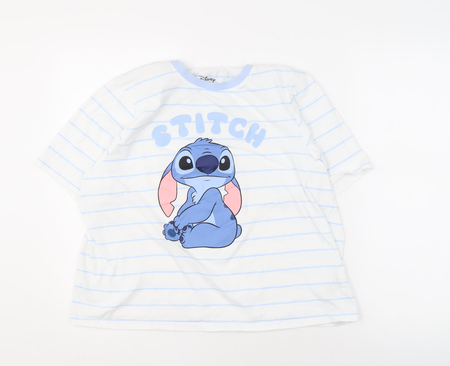 Disney Stitch Unisex T-Shirt L White Striped Cartoon Crew