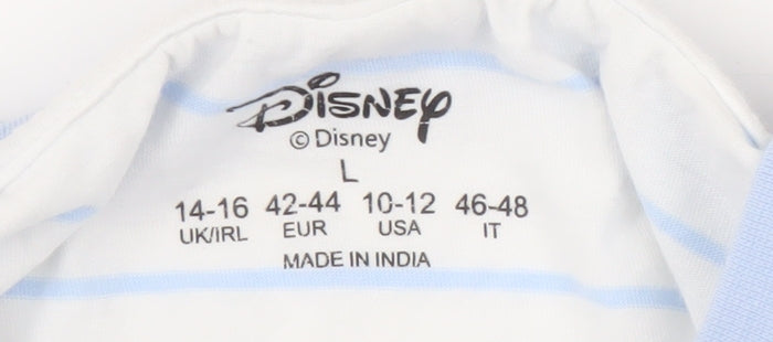 Disney Stitch Unisex T-Shirt L White Striped Cartoon Crew