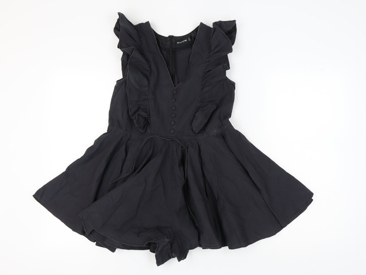 PrettyLittleThing Women’s Black Playsuit Size 8, V-Neck, Ruffle