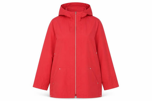 Front view of Outer Layer Women's Red Rain Coat, size 12