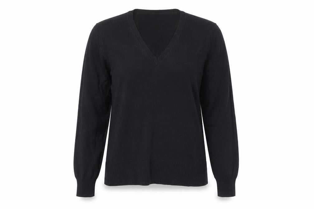 Front view of M&Co Women's Black V-Neck jumper, size L