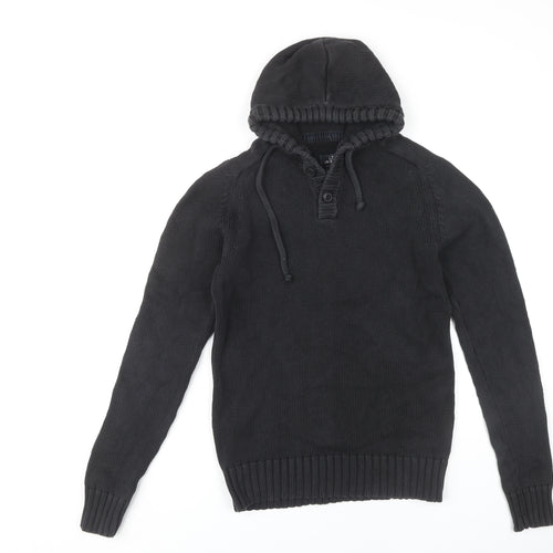 H&M Men's Black Hooded Henley Jumper Size S