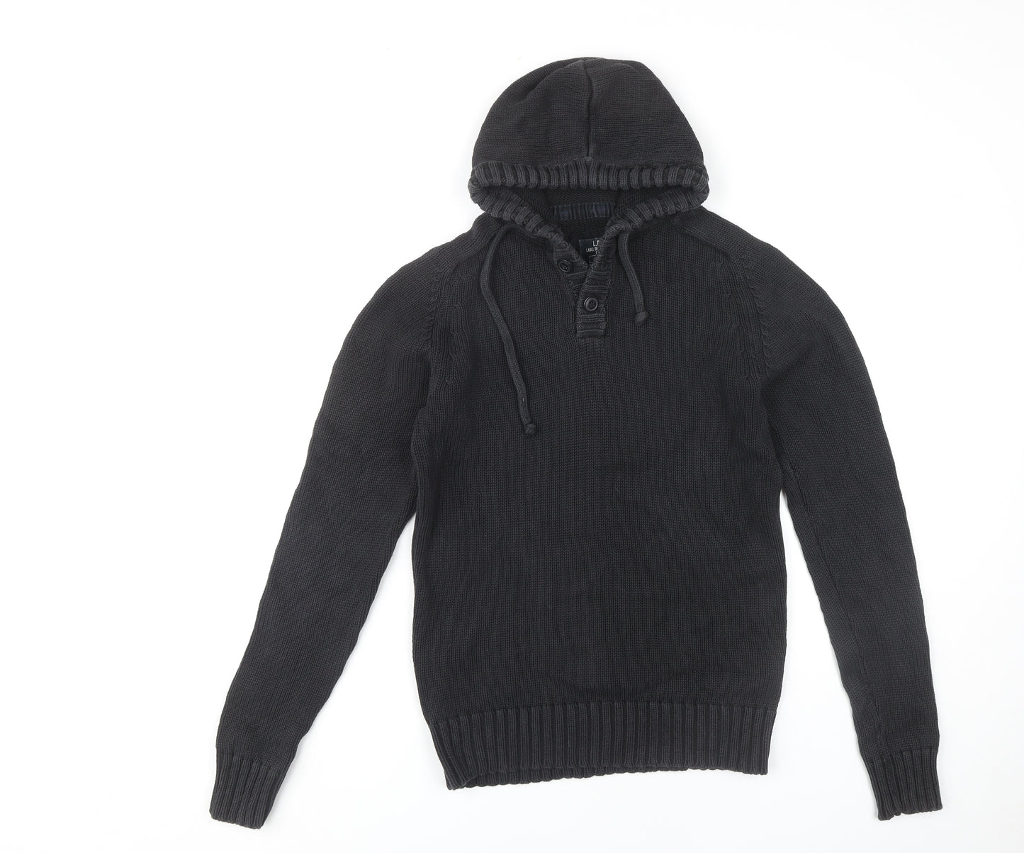 H&M Men's Black Hooded Henley Jumper Size S
