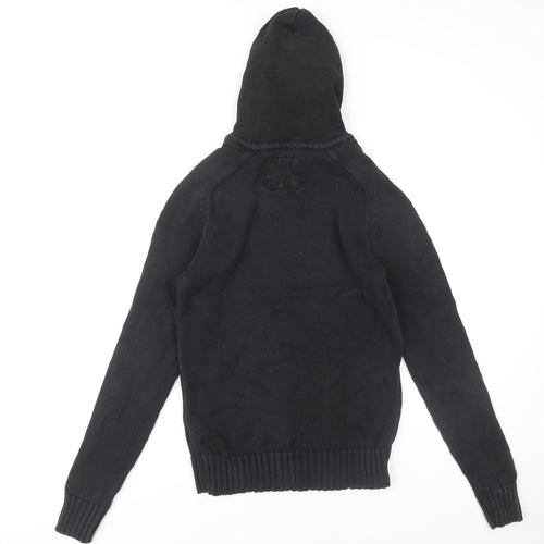 H&M Men's Black Hooded Henley Jumper Size S