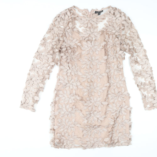 Topshop Petite Beige Floral Embroidered Dress, UK 10