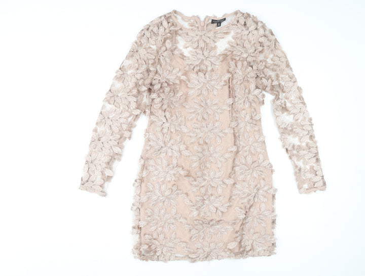 Topshop Petite Beige Floral Embroidered Dress, UK 10