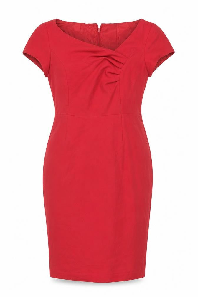 Front view of Next Women's Red Sheath Dress, size 14, Short Sleeve