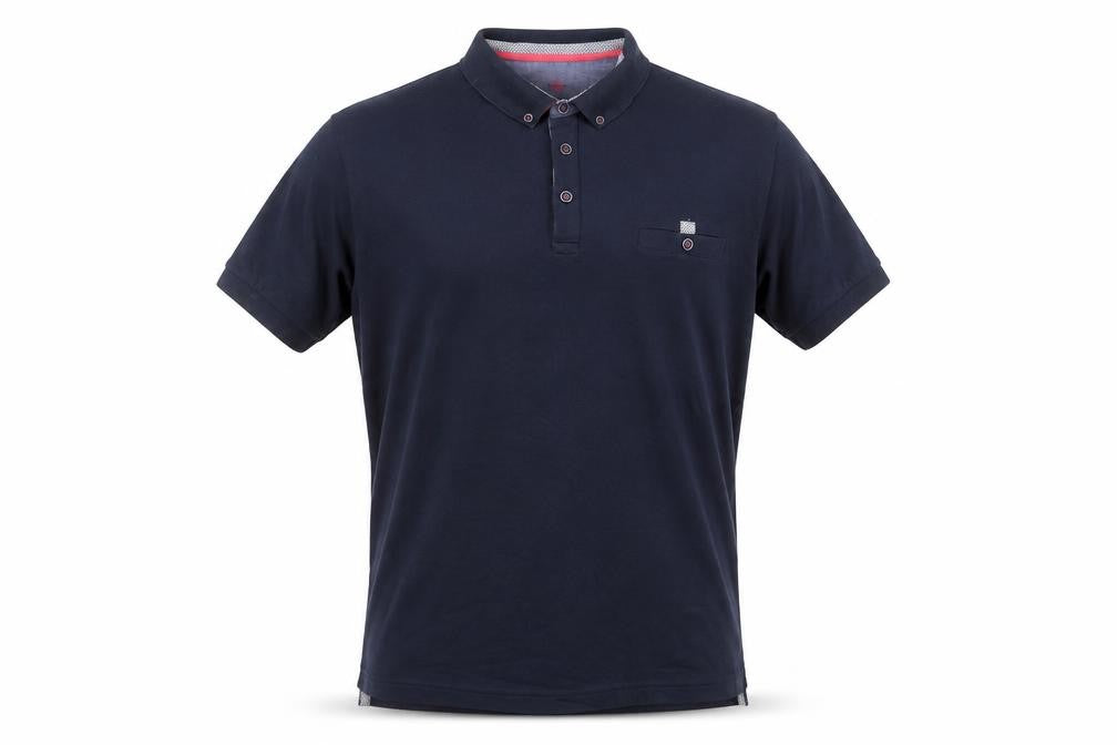 Front view of Peter Gribby Men's Blue Polo Shirt, size L, Button Accents