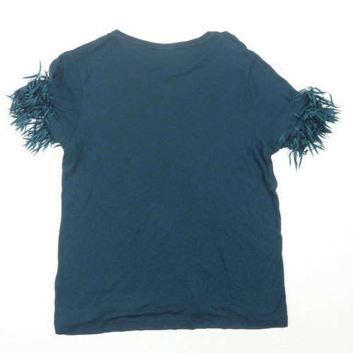 Oliver Bonas Women's Blue Fringe Flare Sleeve T-Shirt