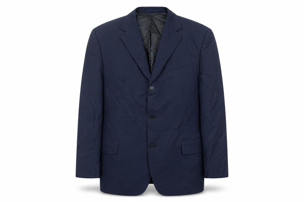 Front view of Eddy Taylor men’s blue wool suit jacket, size 42r