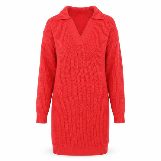 Front view of Brax Women's Red Knit Jumper Dress, Long Sleeve, V-Neck