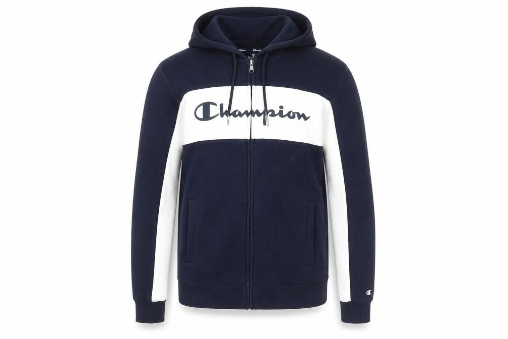 Front view of Champion Men's Blue Hooded Jacket S Logo Casual