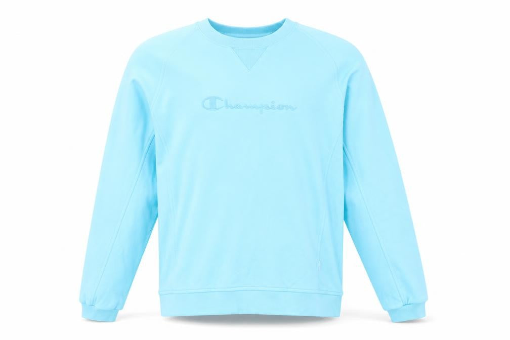 Front view of Champion Men's Blue Pullover Sweatshirt, Medium, Logo
