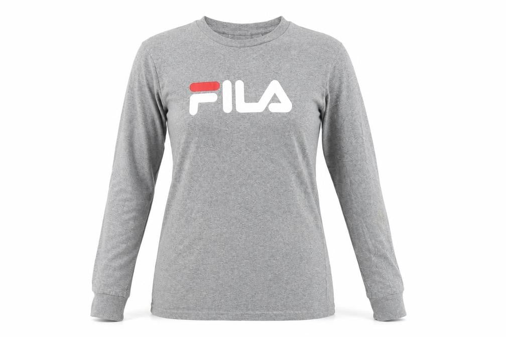 Front view of Fila unisex grey long sleeve crew neck t-shirt