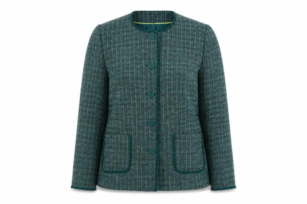 Front view of Honor Millburn Women's Green Tweed Jacket, size 14