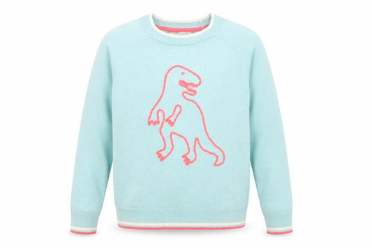 Front view of Boden Blue Dinosaur jumper for girls’ 11-12 years