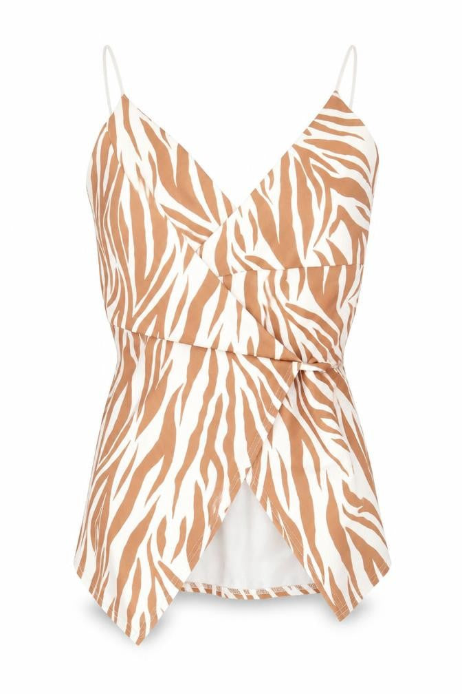 Front view of SOSO Women's Brown Zebra Wrap Top, size 8