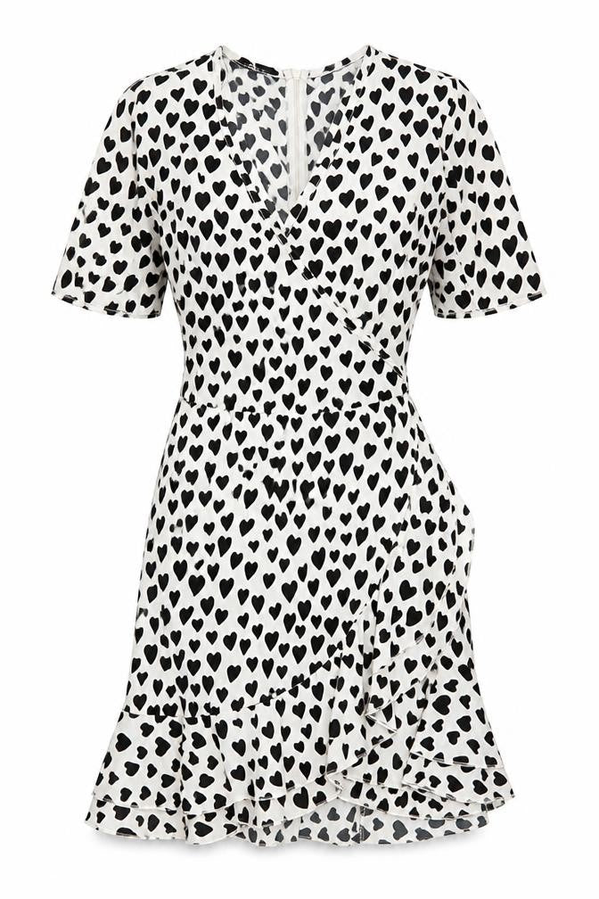 Front view of Quiz Women's White Heart Print Wrap Dress, size 10