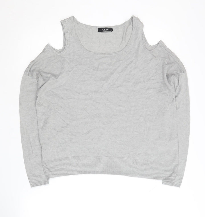 VILA Women's Grey Pullover Jumper, Size L, Cold Shoulder