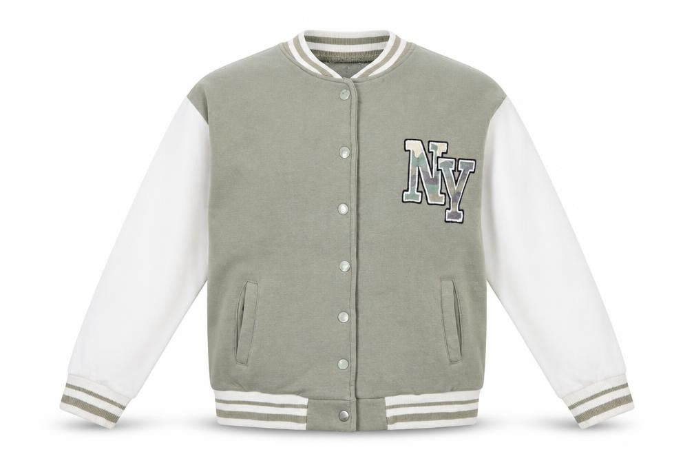 Front view of New Look girls’ varsity jacket green 10-11 years