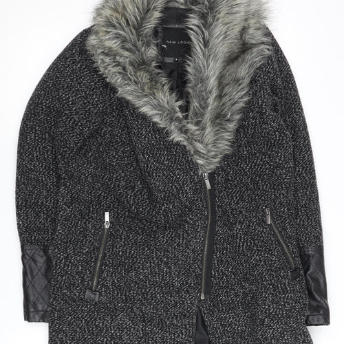 New Look Women's Black Faux Fur Trim Coat Size 8