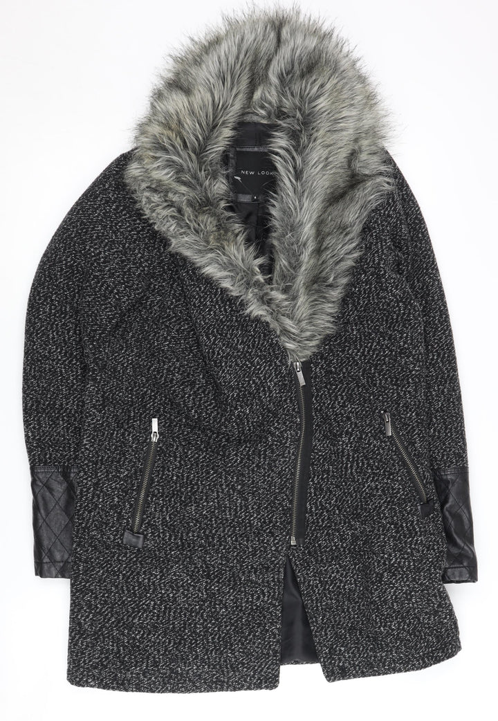 New Look Women's Black Faux Fur Trim Coat Size 8