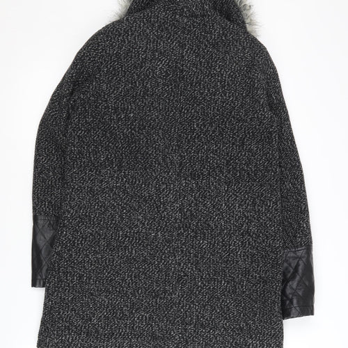 New Look Women's Black Faux Fur Trim Coat Size 8