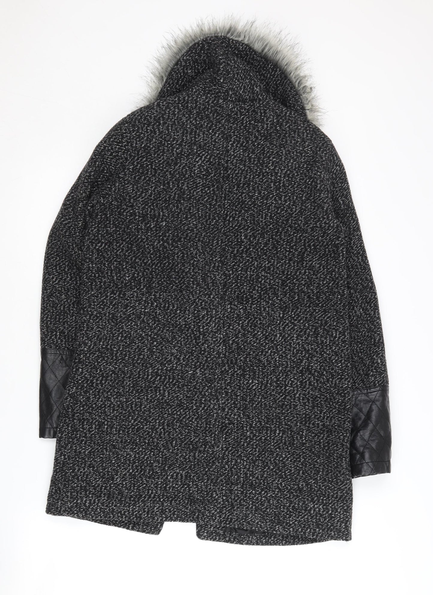 New Look Women's Black Faux Fur Trim Coat Size 8