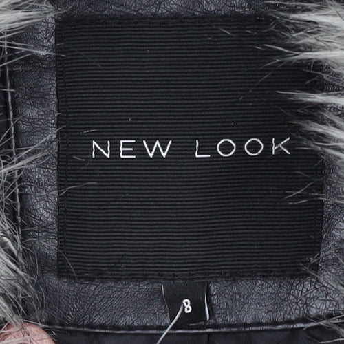 New Look Women's Black Faux Fur Trim Coat Size 8