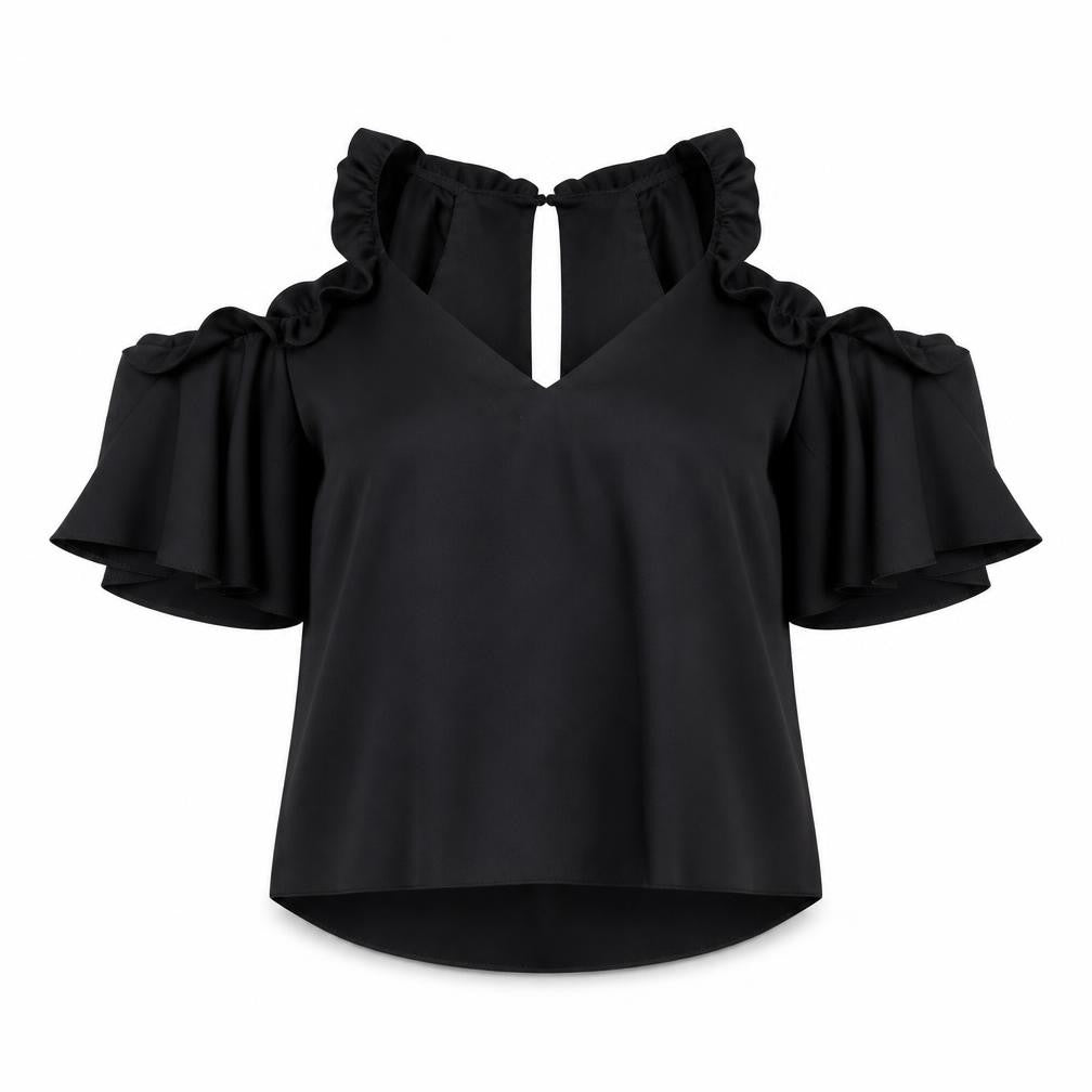 Front view of Topshop Women's Black Blouse, size 8, Cold Shoulder