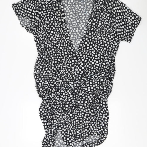 Monki Women's Black Floral Wrap V-Neck Top XS