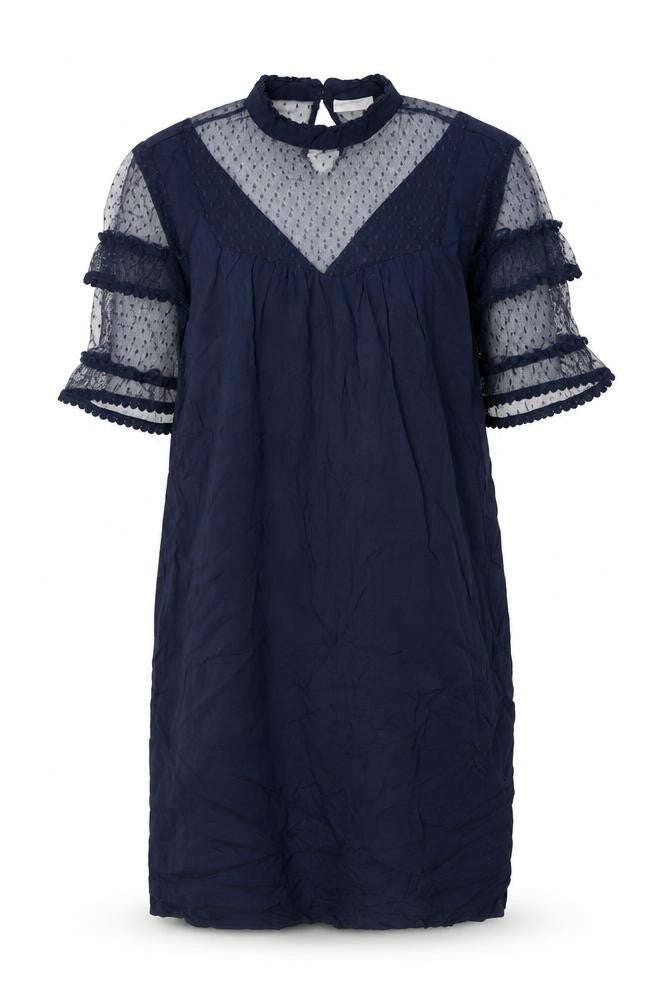 Front view of VILA Women's Blue Mesh Flared Sleeve Dress S