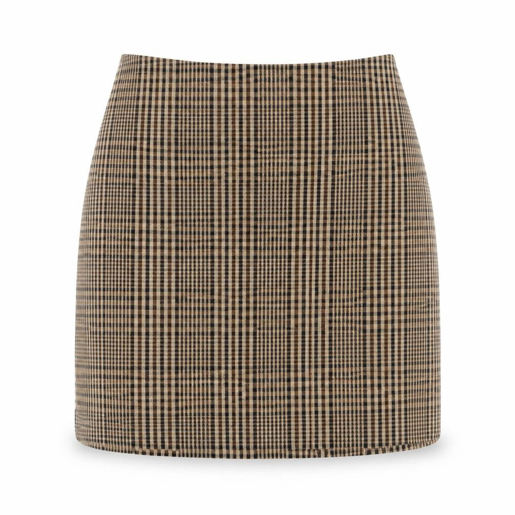 Front view of Monki Women's Brown Check Pencil Skirt, size 8