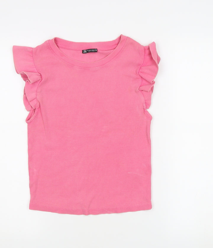 Zara Women's Pink Ruffle Sleeveless T-Shirt M