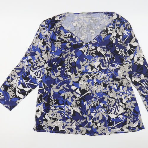 Marks & Spencer Blue Floral Jersey Blouse, Size 16, V-Neck