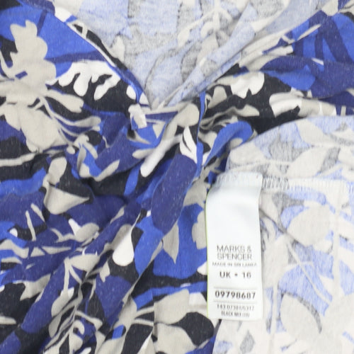 Marks & Spencer Blue Floral Jersey Blouse, Size 16, V-Neck