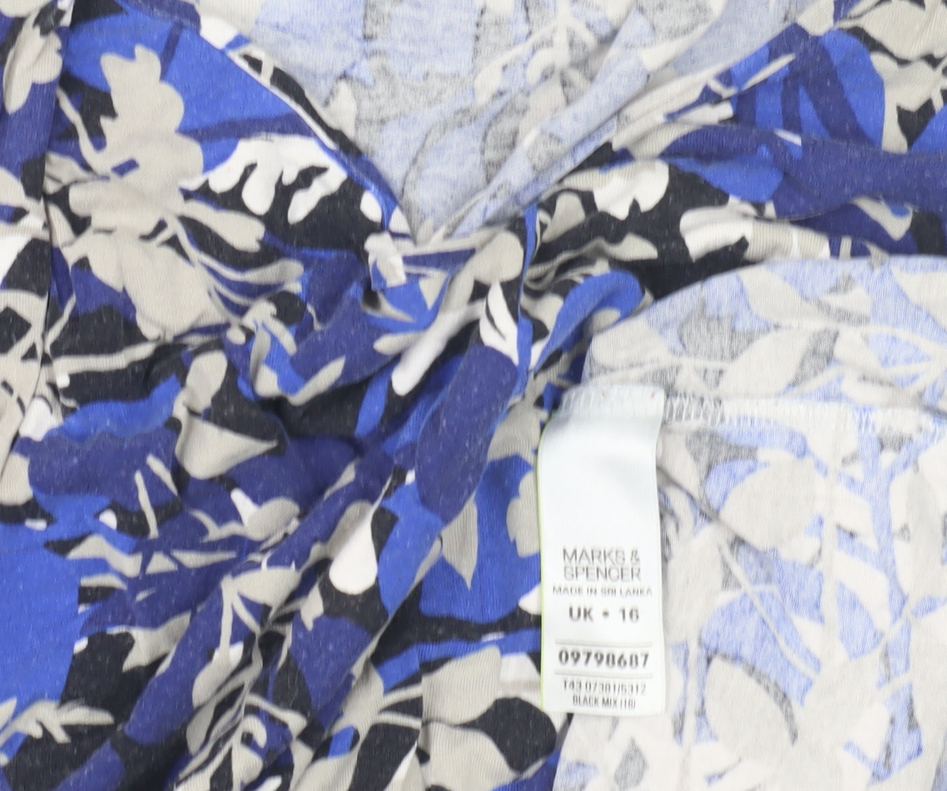 Marks & Spencer Blue Floral Jersey Blouse, Size 16, V-Neck