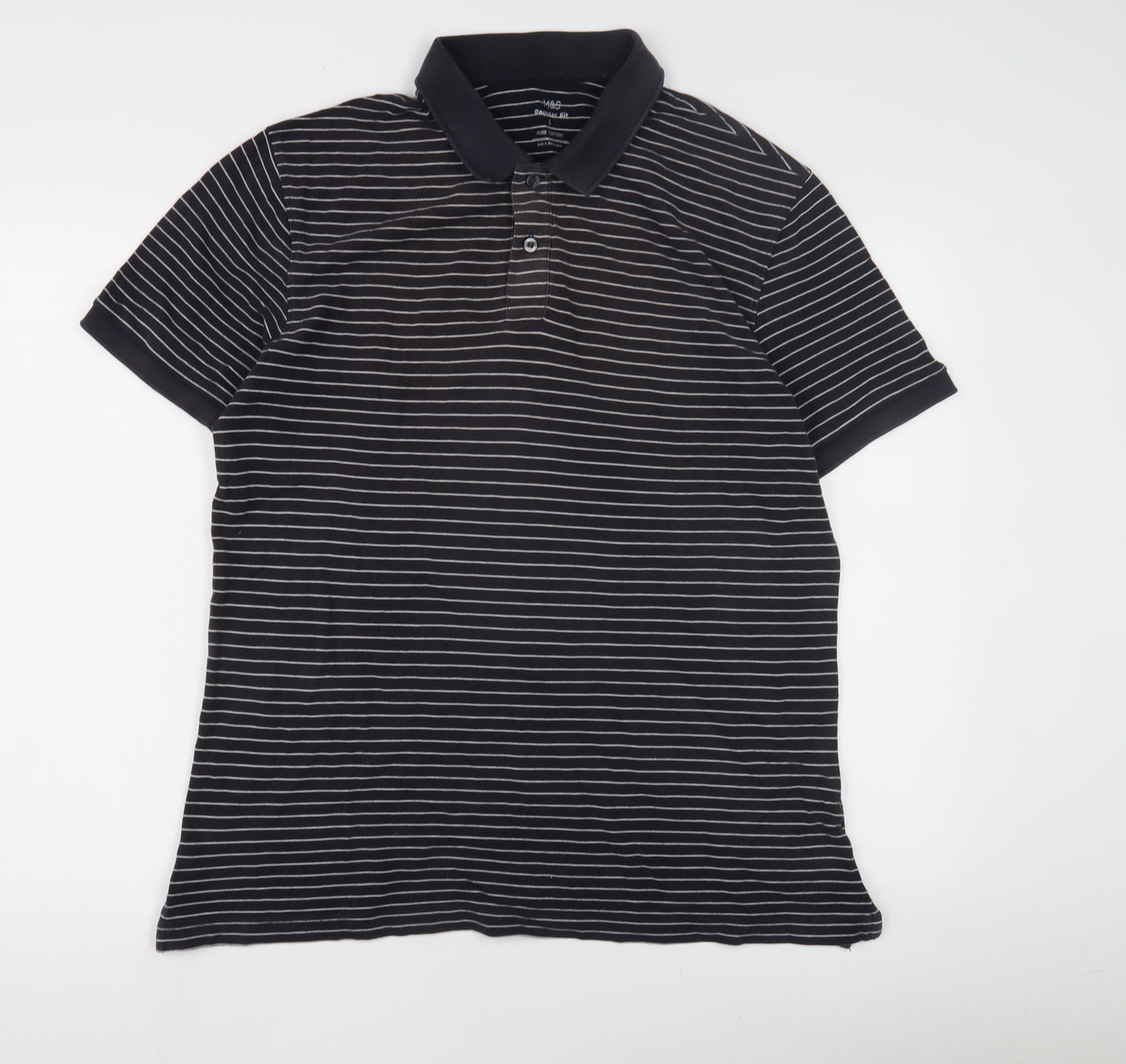 Marks and Spencer Men's Black Striped Polo Shirt L