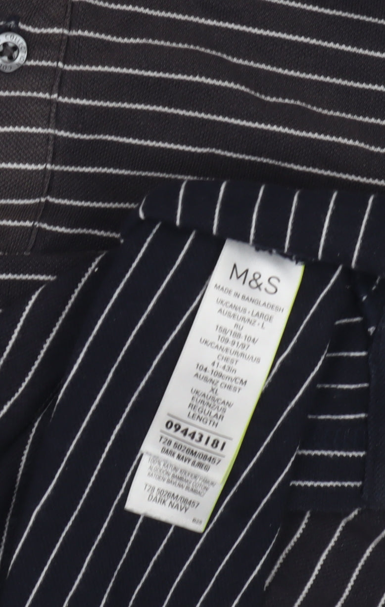 Marks and Spencer Men's Black Striped Polo Shirt L