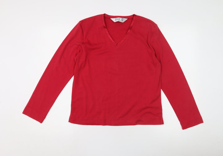 TIGI Women's Red V-Neck Long Sleeve Top Size 14