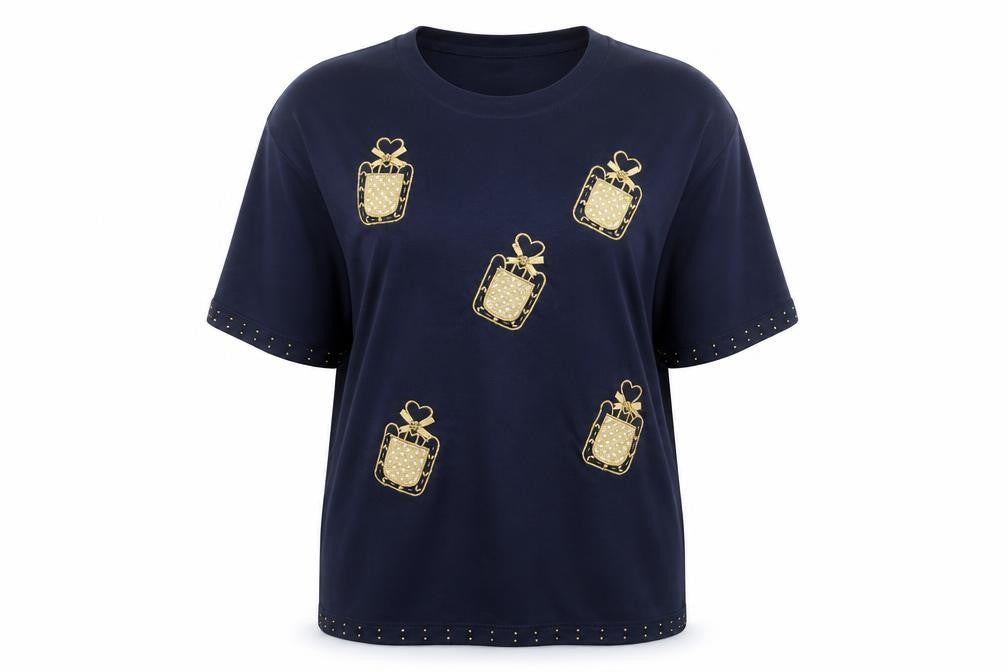 Front view of Paramour Women's Blue Studded T-Shirt One Size