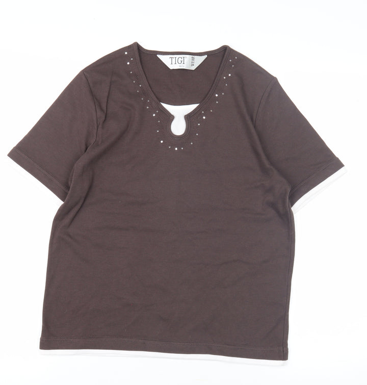 TIGI Women's Brown Studded T-Shirt Size 10 Casual
