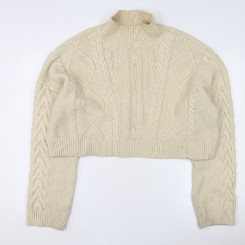 Reclaimed Vintage Women's Ivory Cable-Knit Mock Neck Cropped Jumper