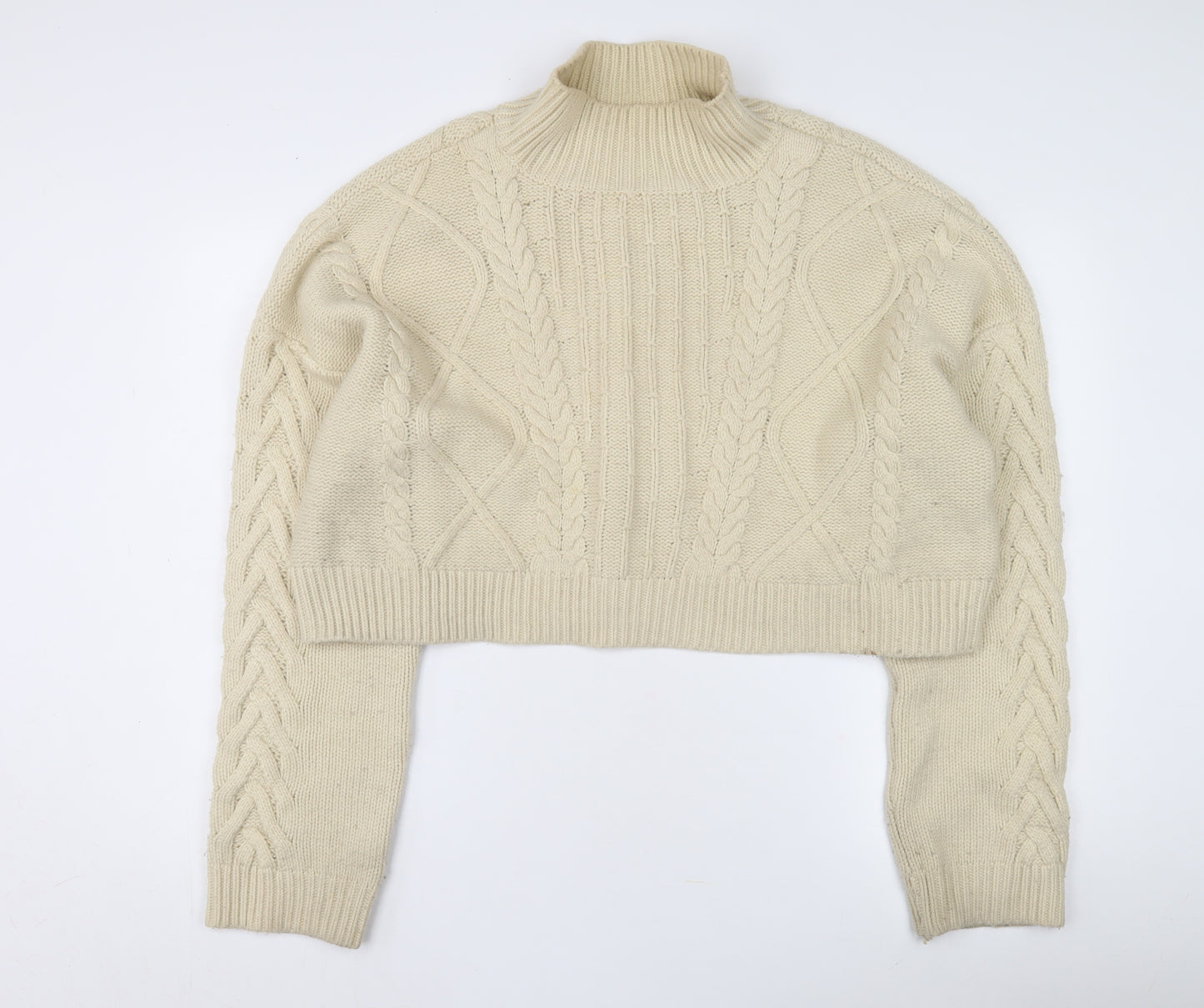 Reclaimed Vintage Women's Ivory Cable-Knit Mock Neck Cropped Jumper