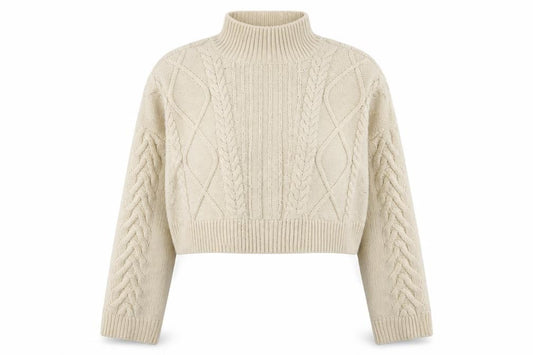 Front view of Reclaimed Vintage Women's Ivory Cable-Knit Mock Neck Cropped Jumper