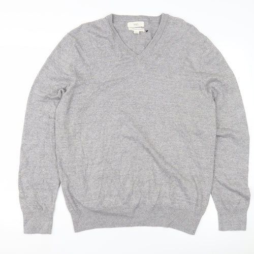 Marks and Spencer Men's Grey V-Neck Cotton Pullover L